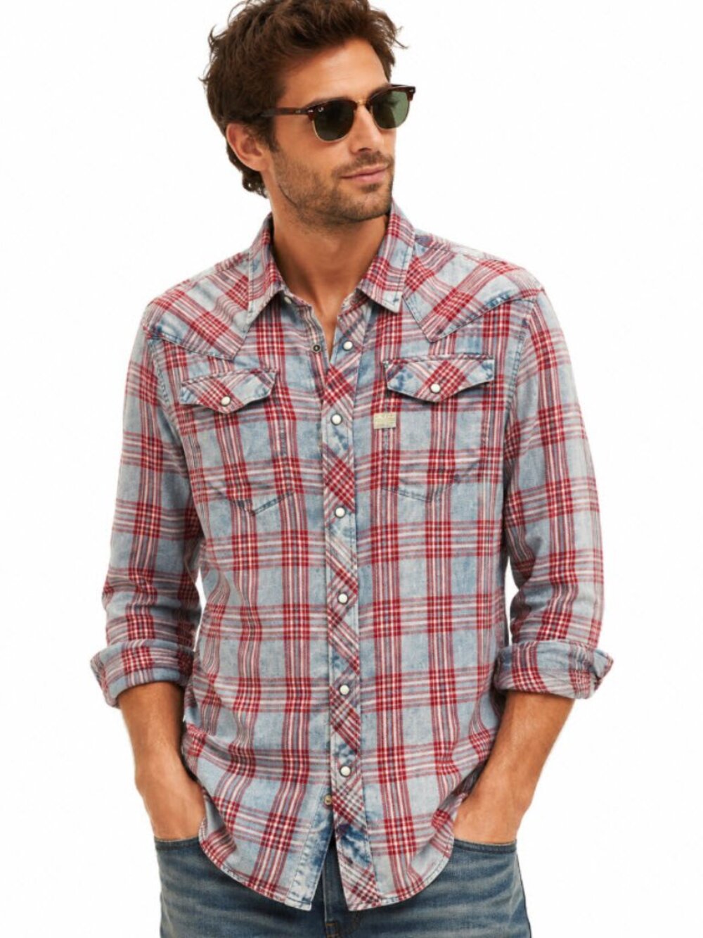 G-Star Raw Red Blue Plaid Western Pearl Snap Shirt NWOT Men's Medium Cotton